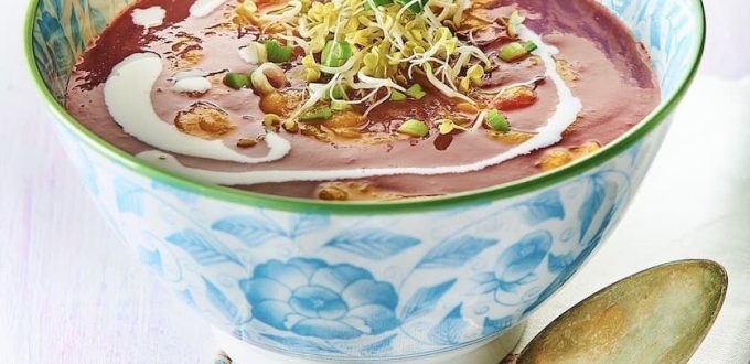 Rote Beete-Suppe mit Cranberries in japanischer Schale